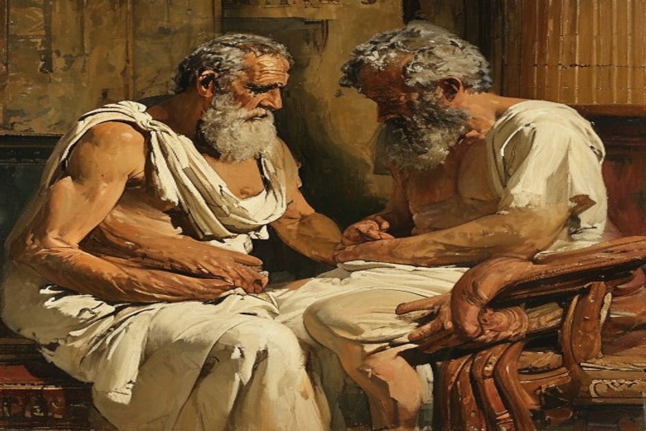 Ancient Greek physician examining a patient with hip and leg pain